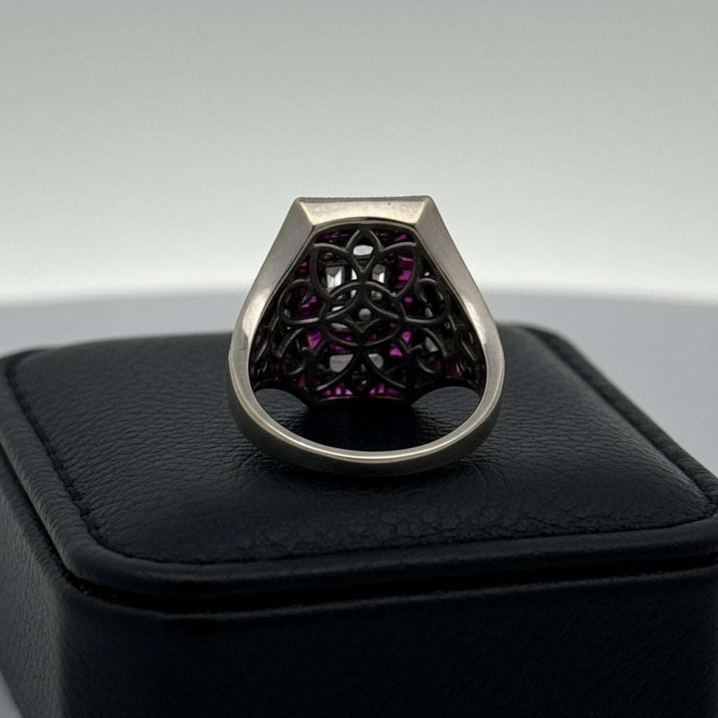 Modern French Cut Ruby and Diamond 18K White Gold Ring