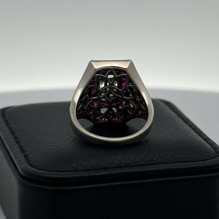 Modern French Cut Ruby and Diamond 18K White Gold Ring