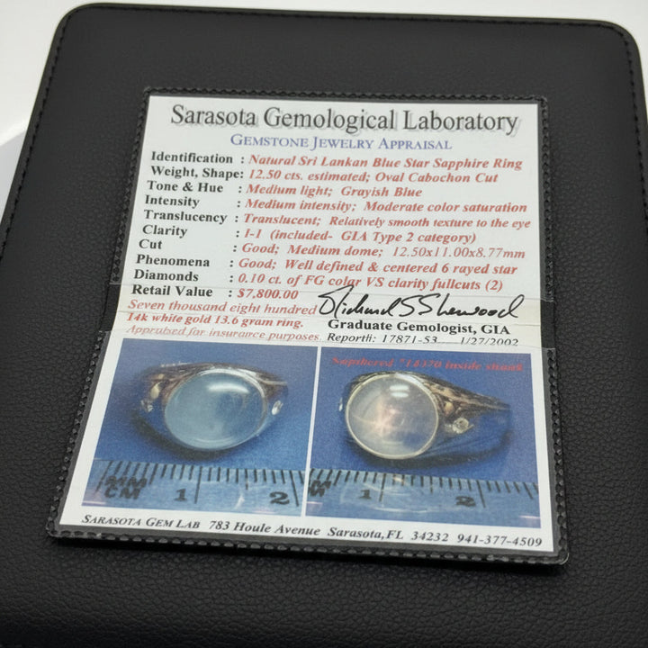 Natural Sri Lankan 12.50ct Blue Star Sapphire 14K White Gold Ring