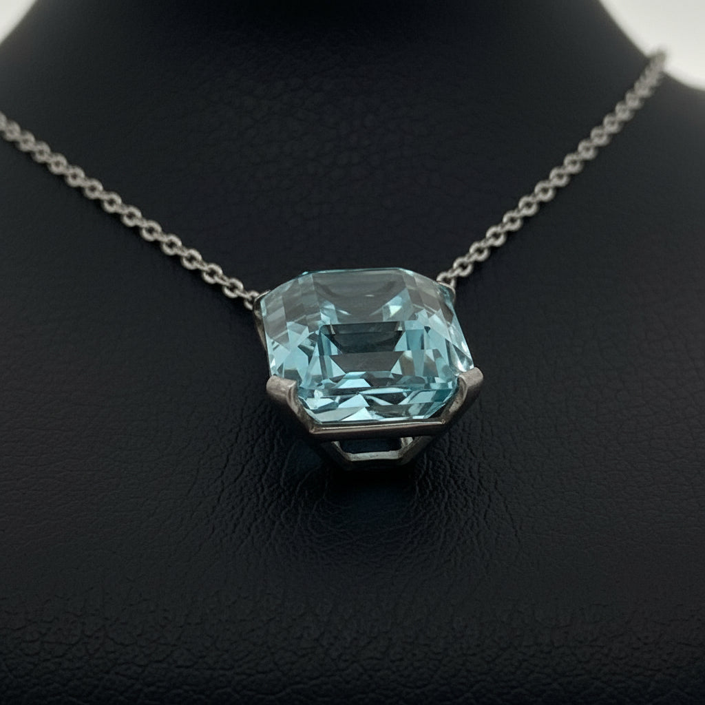 1950's 32ct Aquamarine, Diamond, Sapphire Platinum/14K White Gold Necklace