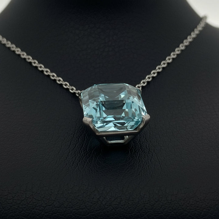 1950's 32ct Aquamarine, Diamond, Sapphire Platinum/14K White Gold Necklace