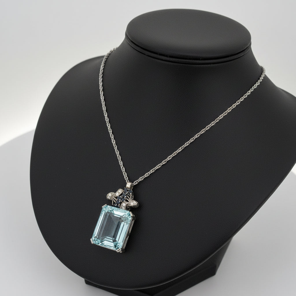 1950's 32ct Aquamarine, Diamond, Sapphire Platinum/14K White Gold Necklace