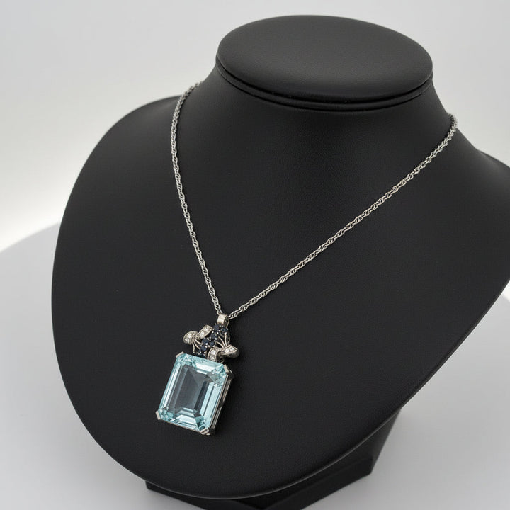 1950's 32ct Aquamarine, Diamond, Sapphire Platinum/14K White Gold Necklace