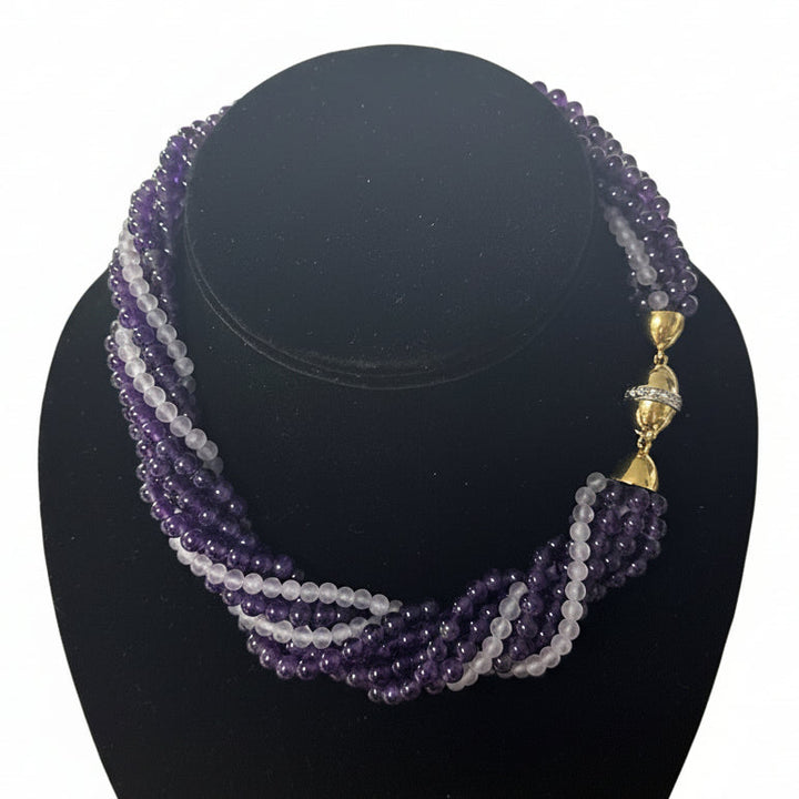 Amethyst and Diamond 8 Strand 14K Yellow Gold Necklace
