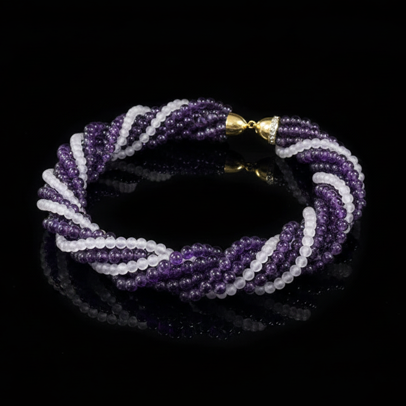 Amethyst and Diamond 8 Strand 14K Yellow Gold Necklace