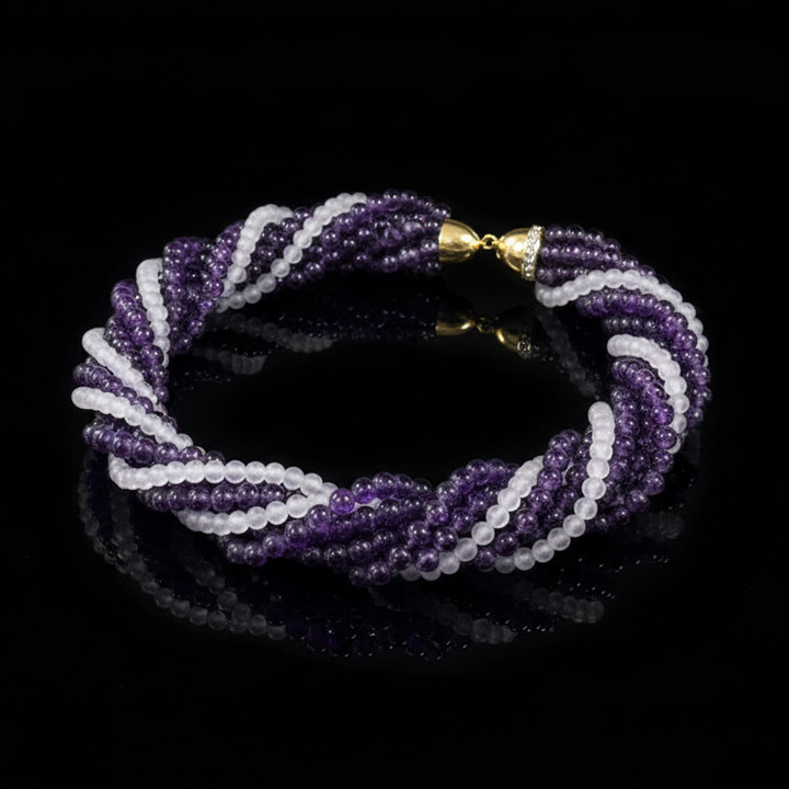 Amethyst and Diamond 8 Strand 14K Yellow Gold Necklace