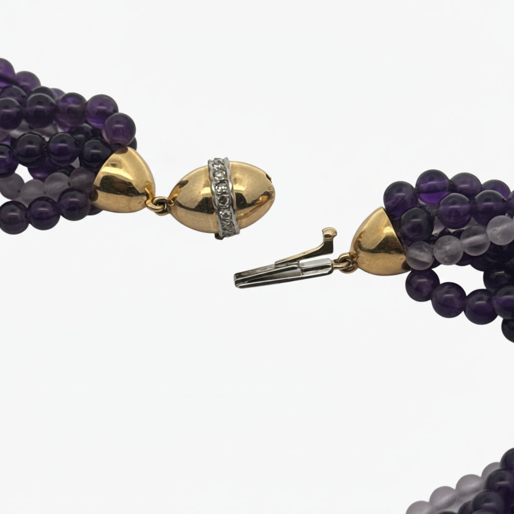 Amethyst and Diamond 8 Strand 14K Yellow Gold Necklace
