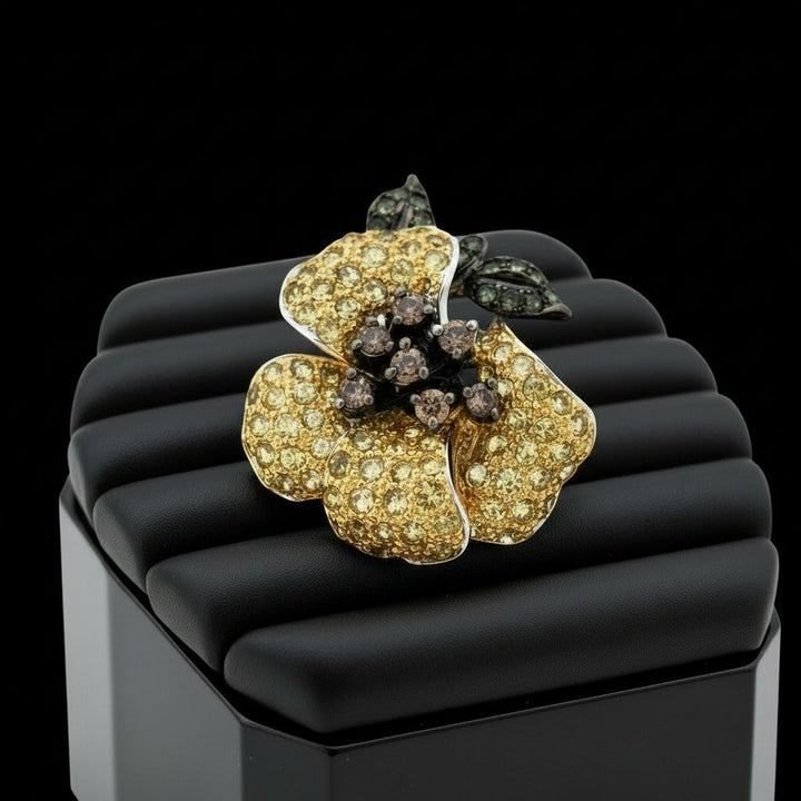 Designer Natural Fancy Brown Diamond and Tsavorite, Yellow Sapphire 18K White Gold Ring.