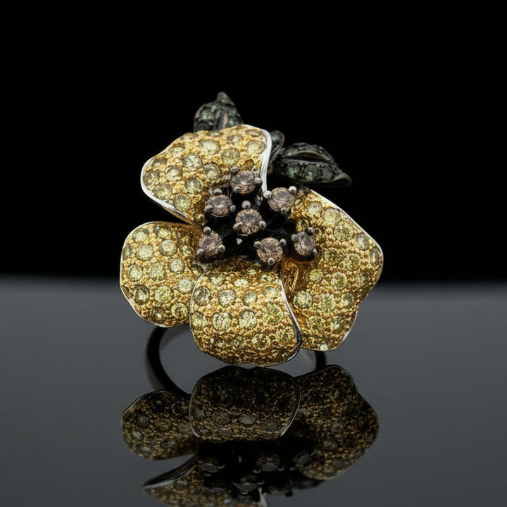 Designer Natural Fancy Brown Diamond and Tsavorite, Yellow Sapphire 18K White Gold Ring.