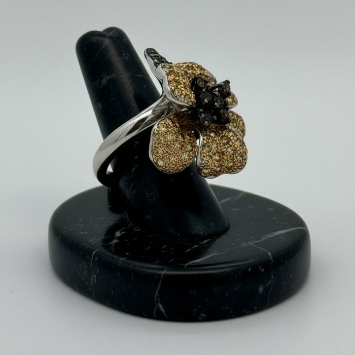 Designer Natural Fancy Brown Diamond and Tsavorite, Yellow Sapphire 18K White Gold Ring.