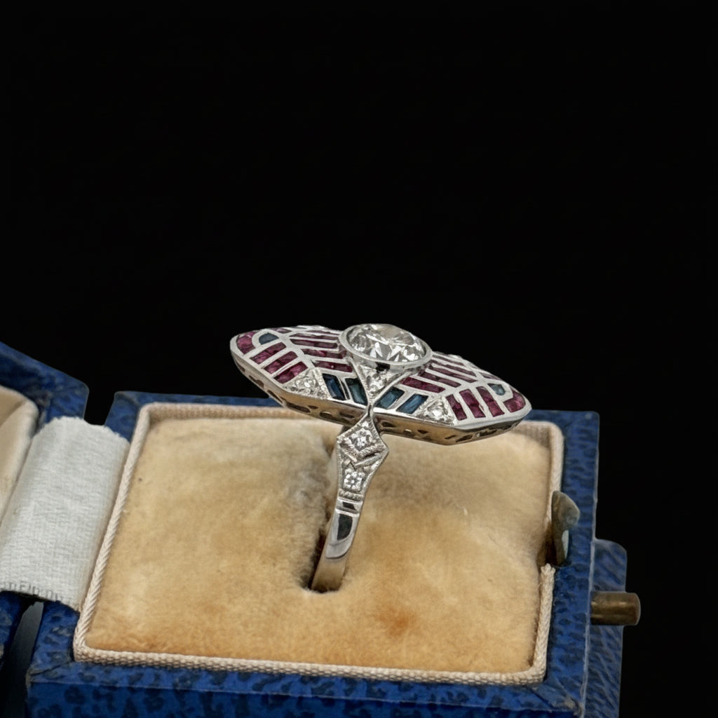 Geometric Design Diamond, Ruby, Sapphire Platinum Ring