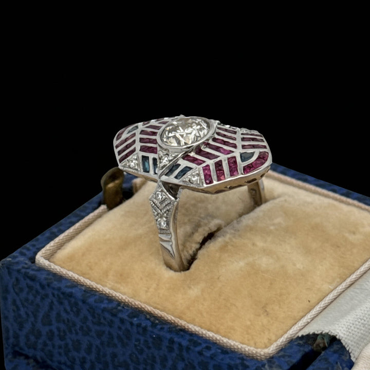 Geometric Design Diamond, Ruby, Sapphire Platinum Ring