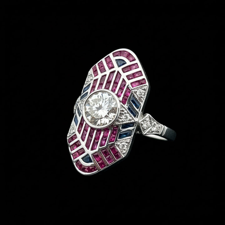 Geometric Design Diamond, Ruby, Sapphire Platinum Ring