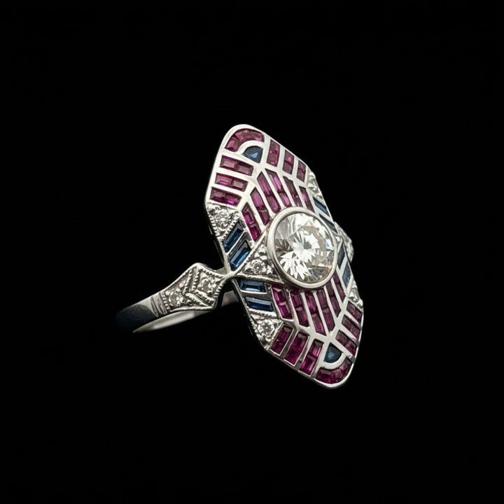 Geometric Design Diamond, Ruby, Sapphire Platinum Ring