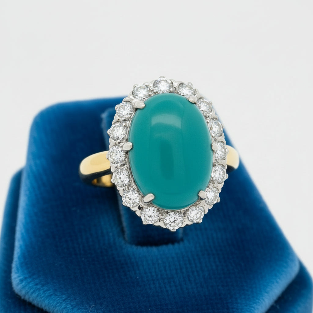 Rare No Treatment/ Natural Turquoise Cabochon and Diamond 18Kt Yellow Gold and Platinum Ring (GIA)