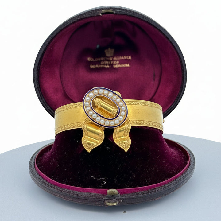 Victorian Natural Pearl and Blue Enamel 18K Yellow Gold Bangle with Original Box