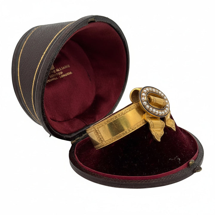 Victorian Natural Pearl and Blue Enamel 18K Yellow Gold Bangle with Original Box