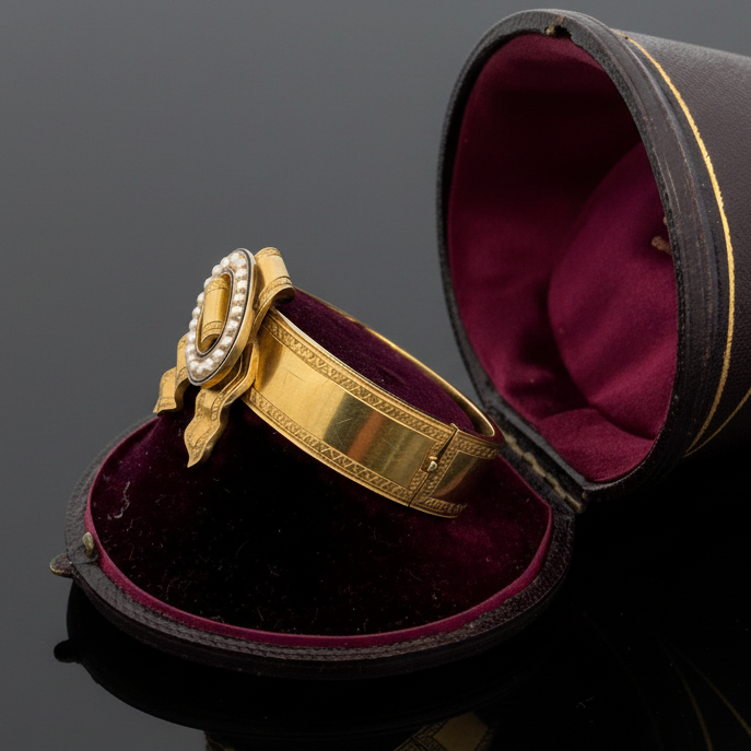 Victorian Natural Pearl and Blue Enamel 18K Yellow Gold Bangle with Original Box