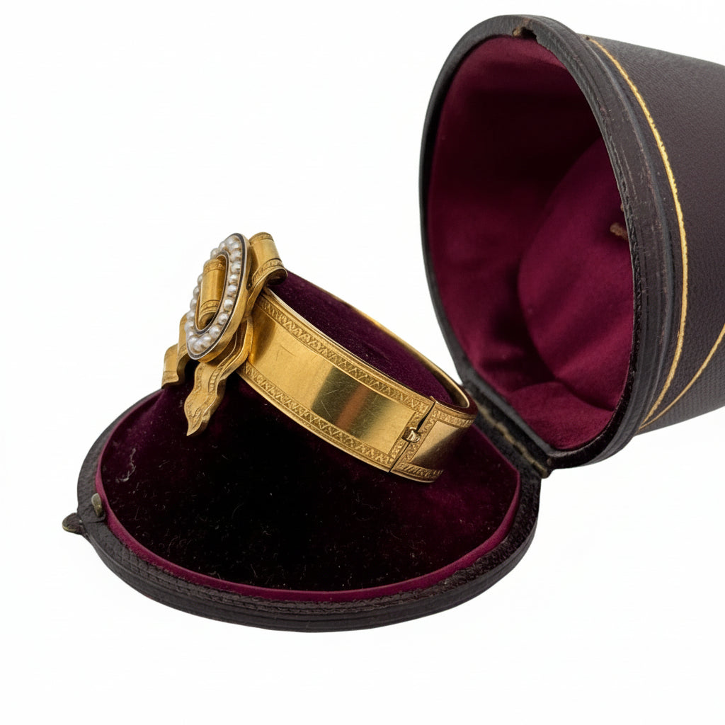 Victorian Natural Pearl and Blue Enamel 18K Yellow Gold Bangle with Original Box