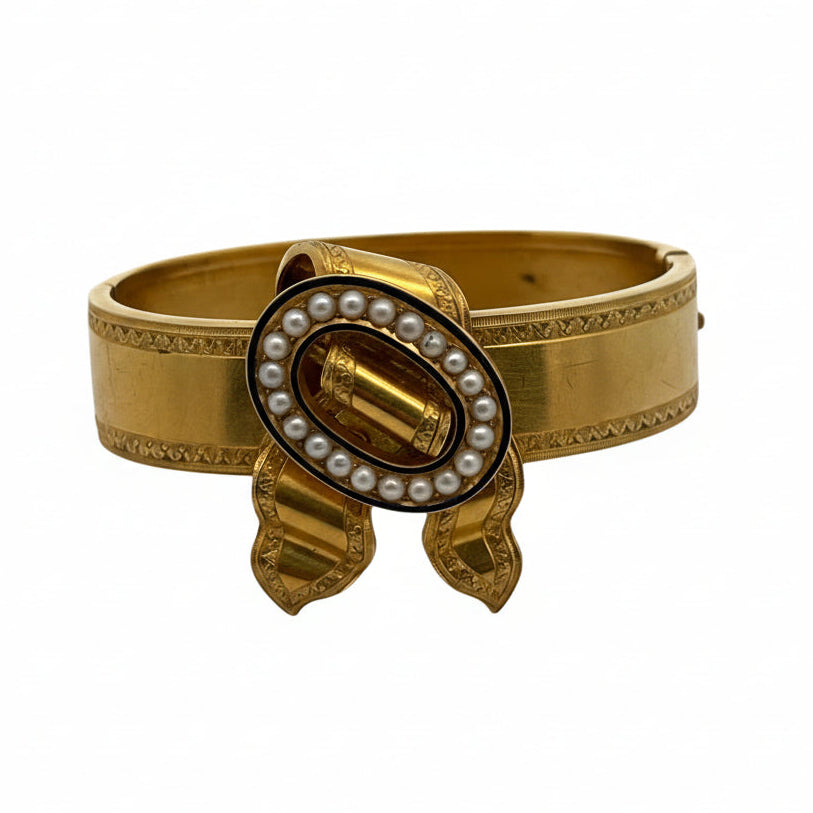 Victorian Natural Pearl and Blue Enamel 18K Yellow Gold Bangle with Original Box