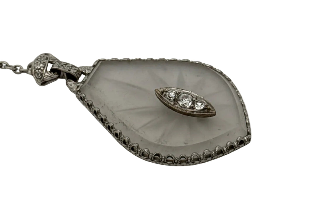 Art Deco Diamond and Rock Crystal Filigree 14Kt White/Platinum Necklace