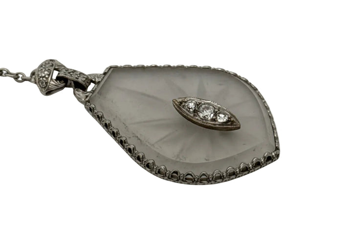Art Deco Diamond and Rock Crystal Filigree 14Kt White/Platinum Necklace