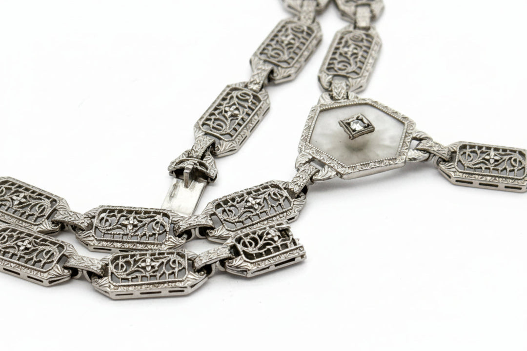Art Deco Diamond and Rock Crystal Filigree 14Kt White/Platinum Necklace