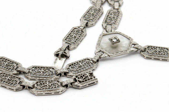Art Deco Diamond and Rock Crystal Filigree 14Kt White/Platinum Necklace