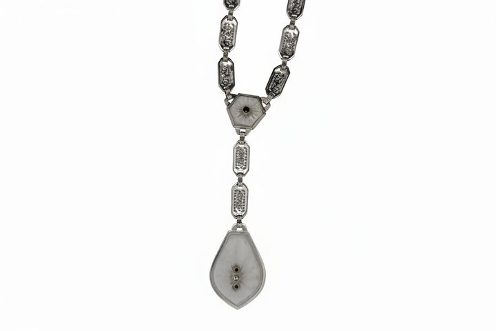 Art Deco Diamond and Rock Crystal Filigree 14Kt White/Platinum Necklace