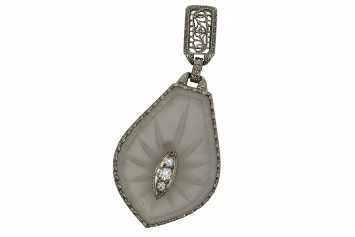 Art Deco Diamond and Rock Crystal Filigree 14Kt White/Platinum Necklace