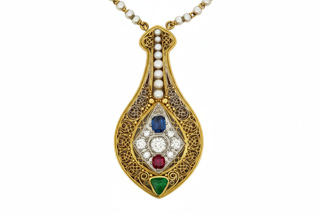 Designer V. Parseghian Diamond, Sapphire, Ruby, Pearl Platinum/18K Yellow Gold Necklace