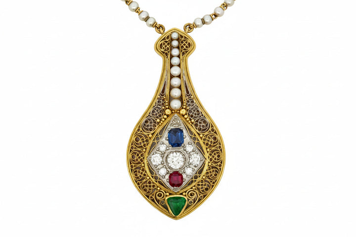 Designer V. Parseghian Diamond, Sapphire, Ruby, Pearl Platinum/18K Yellow Gold Necklace