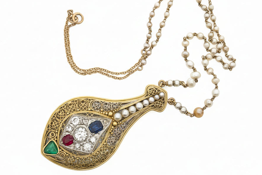 Designer V. Parseghian Diamond, Sapphire, Ruby, Pearl Platinum/18K Yellow Gold Necklace