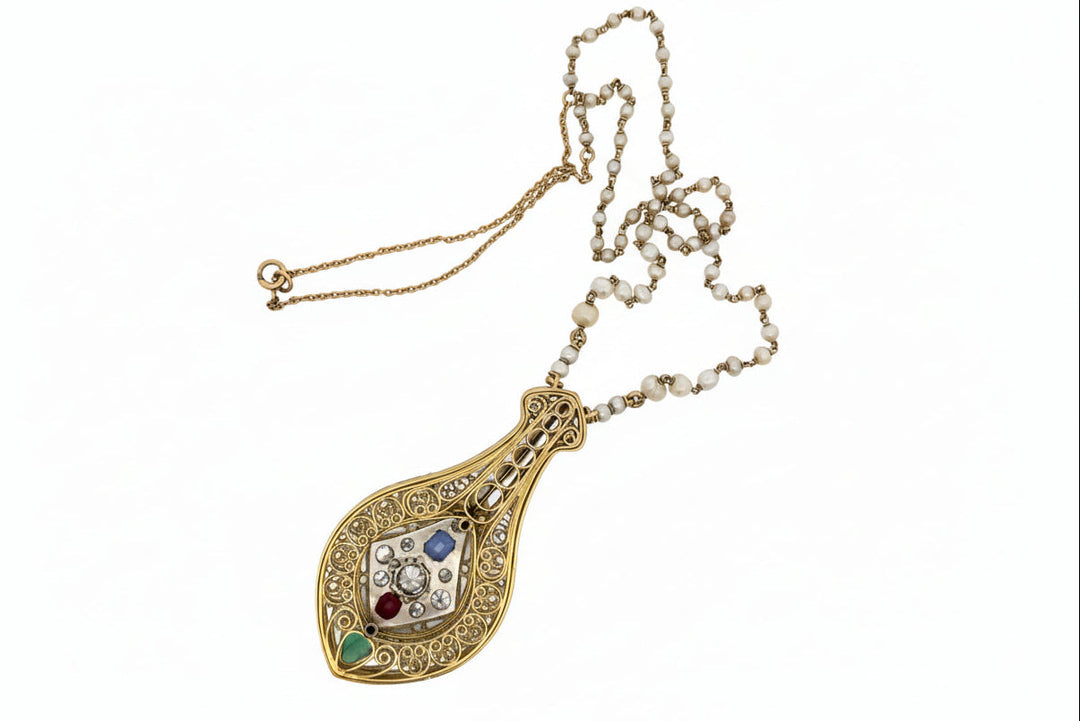 Designer V. Parseghian Diamond, Sapphire, Ruby, Pearl Platinum/18K Yellow Gold Necklace