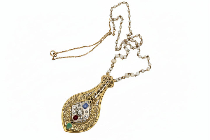 Designer V. Parseghian Diamond, Sapphire, Ruby, Pearl Platinum/18K Yellow Gold Necklace