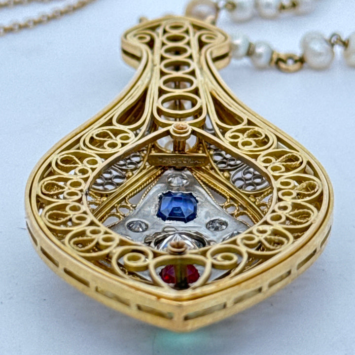 Designer V. Parseghian Diamond, Sapphire, Ruby, Pearl Platinum/18K Yellow Gold Necklace