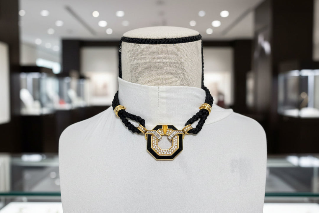 Chaumet Paris 6.20cttw Diamond Inlay Onyx Necklace and Earring Set