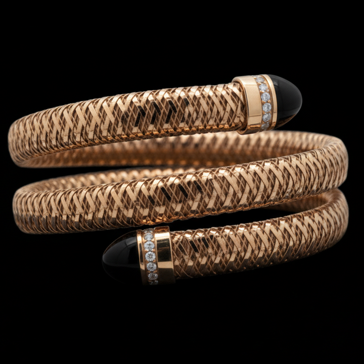 Modern Roberto Coin Diamond Onyx 18k Yellow Flexible Bangle