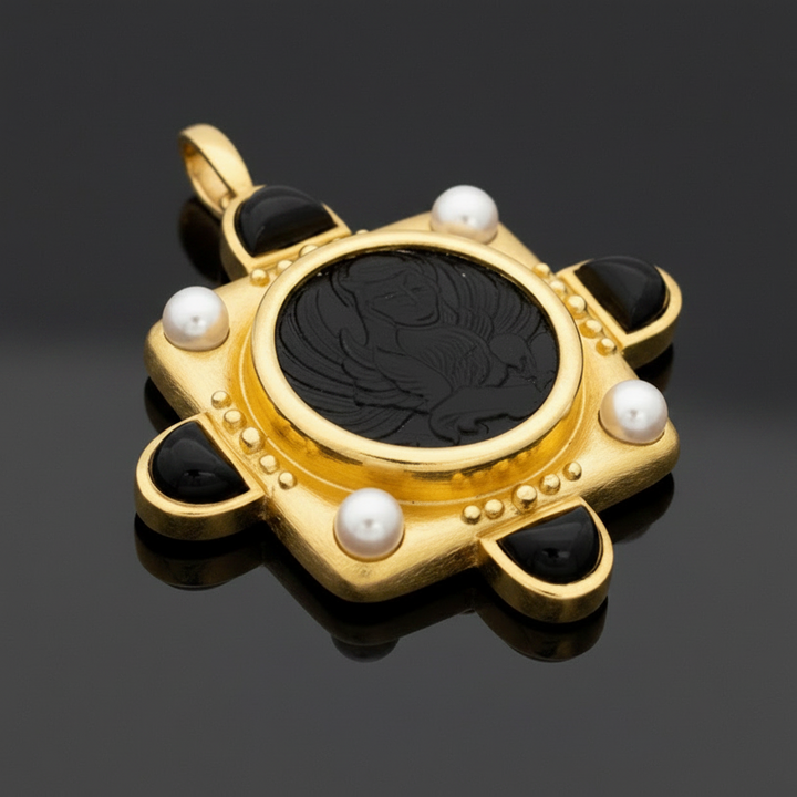 Designer Elizabeth Locke 18K Yellow Gold Onyx and Pearl Pendant/Brooch