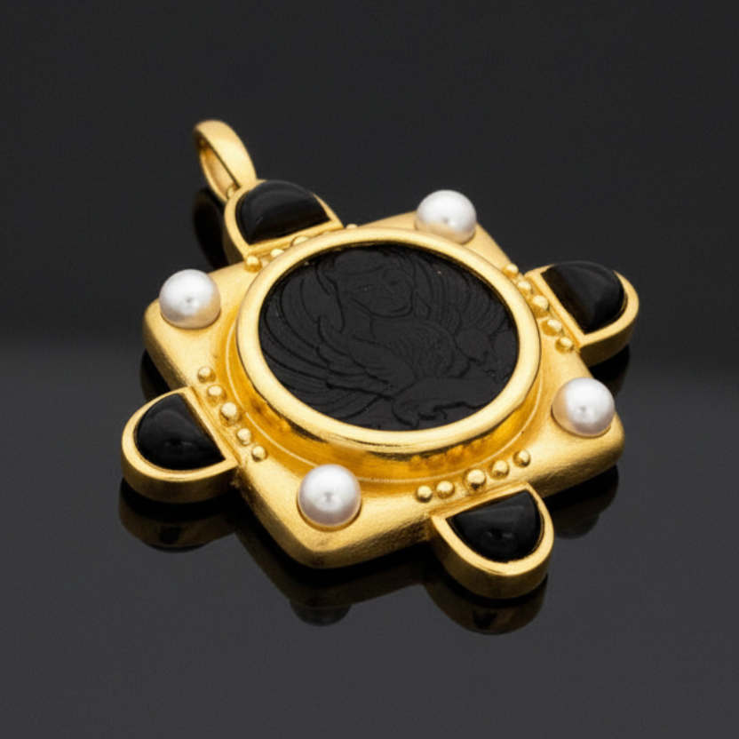 Designer Elizabeth Locke 18K Yellow Gold Onyx and Pearl Pendant/Brooch