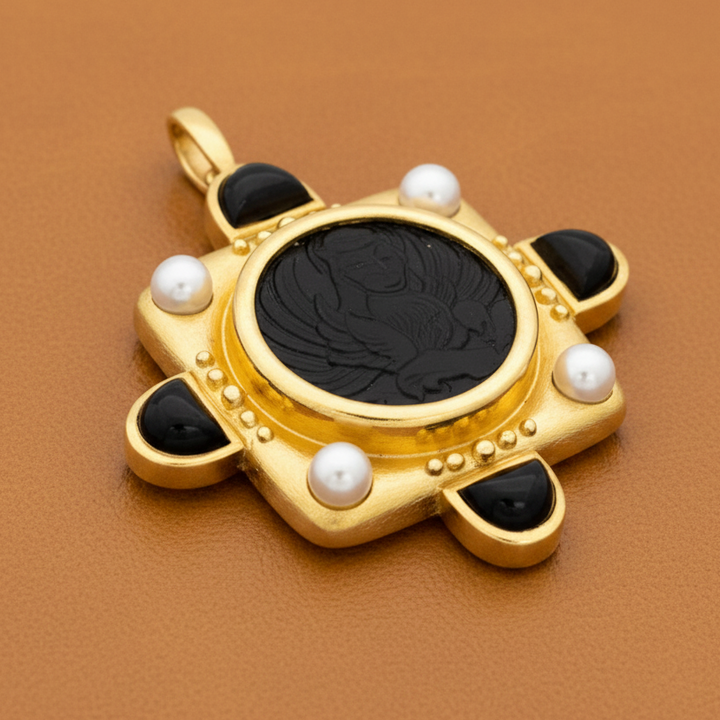 Designer Elizabeth Locke 18K Yellow Gold Onyx and Pearl Pendant/Brooch