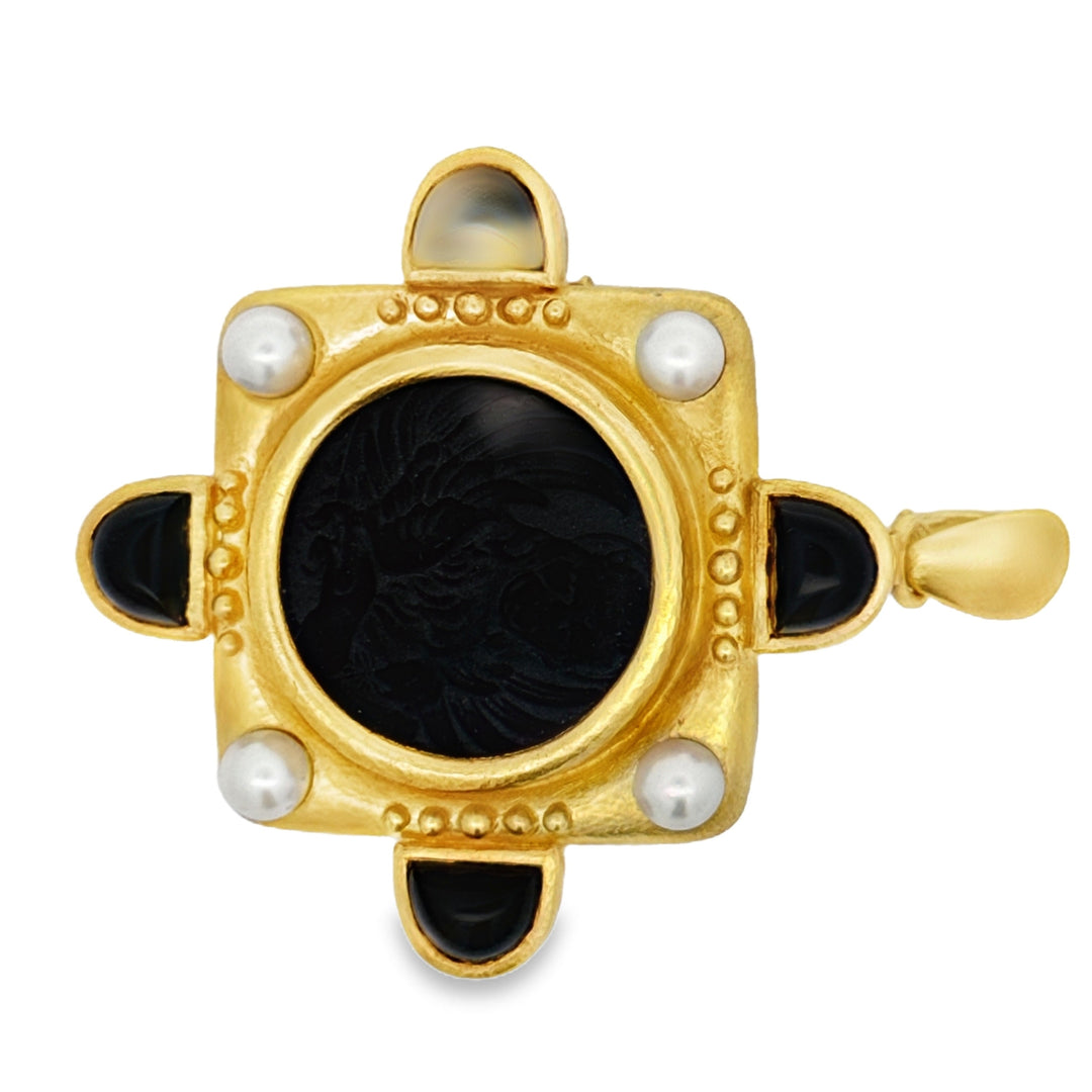 Designer Elizabeth Locke 18K Yellow Gold Onyx and Pearl Pendant/Brooch