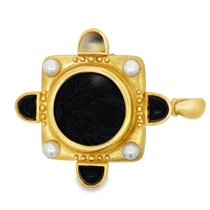 Designer Elizabeth Locke 18K Yellow Gold Onyx and Pearl Pendant/Brooch