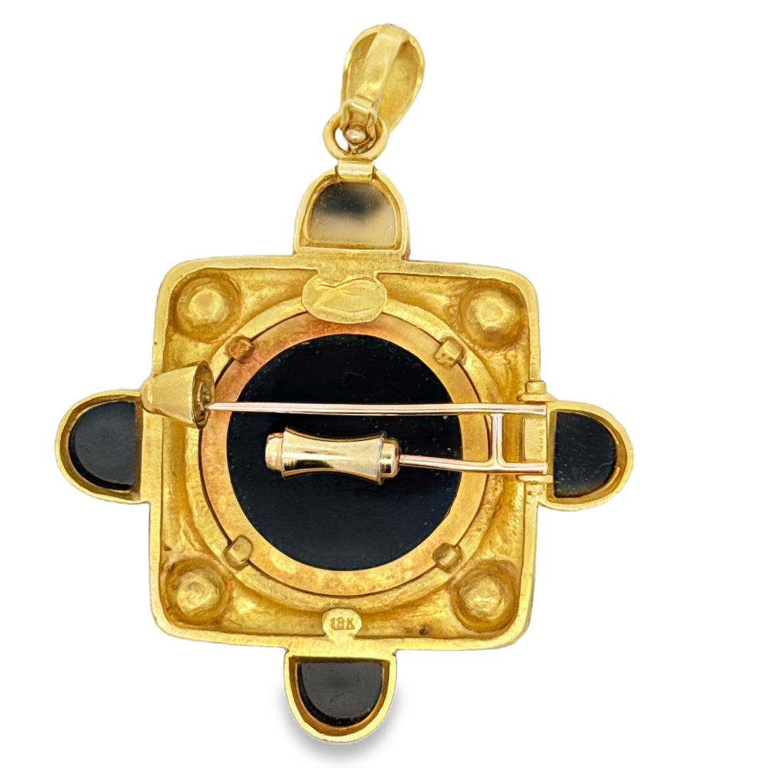 Designer Elizabeth Locke 18K Yellow Gold Onyx and Pearl Pendant/Brooch