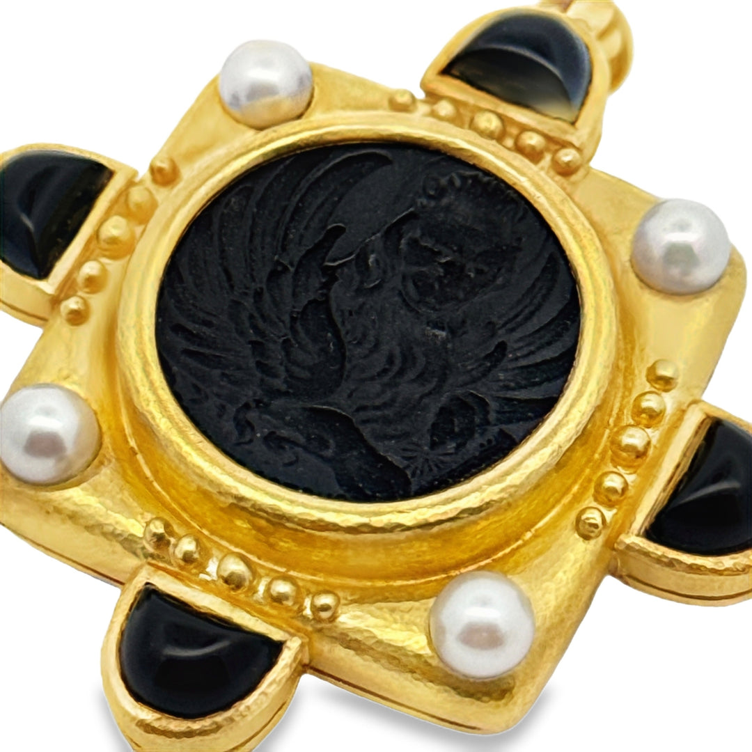 Designer Elizabeth Locke 18K Yellow Gold Onyx and Pearl Pendant/Brooch