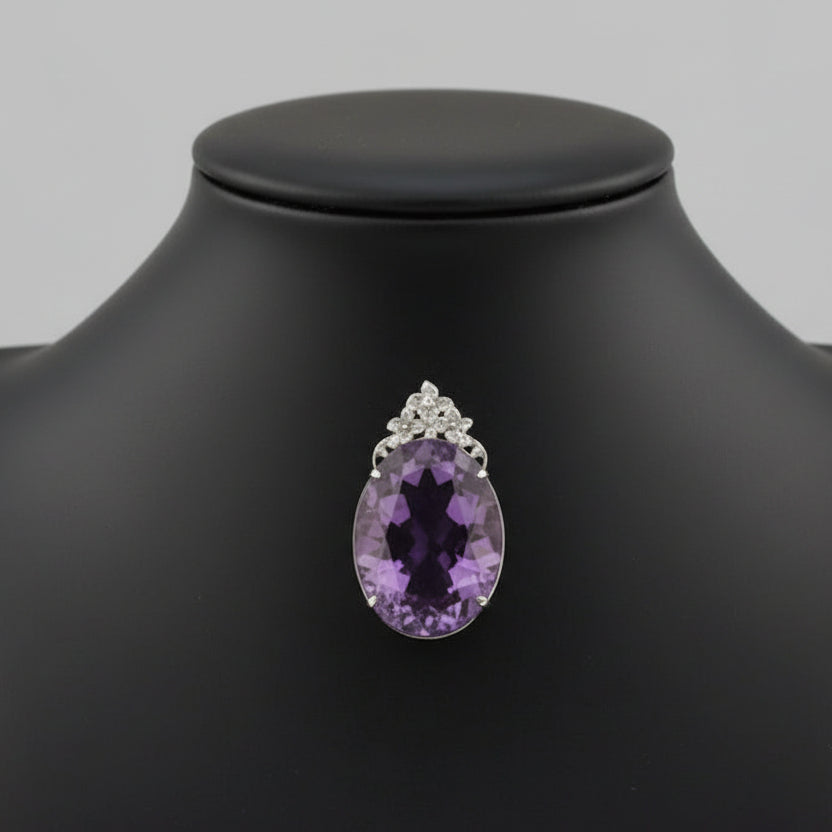 Custom Made 58.41ct Amethyst and Diamond 18K White Gold Pendant