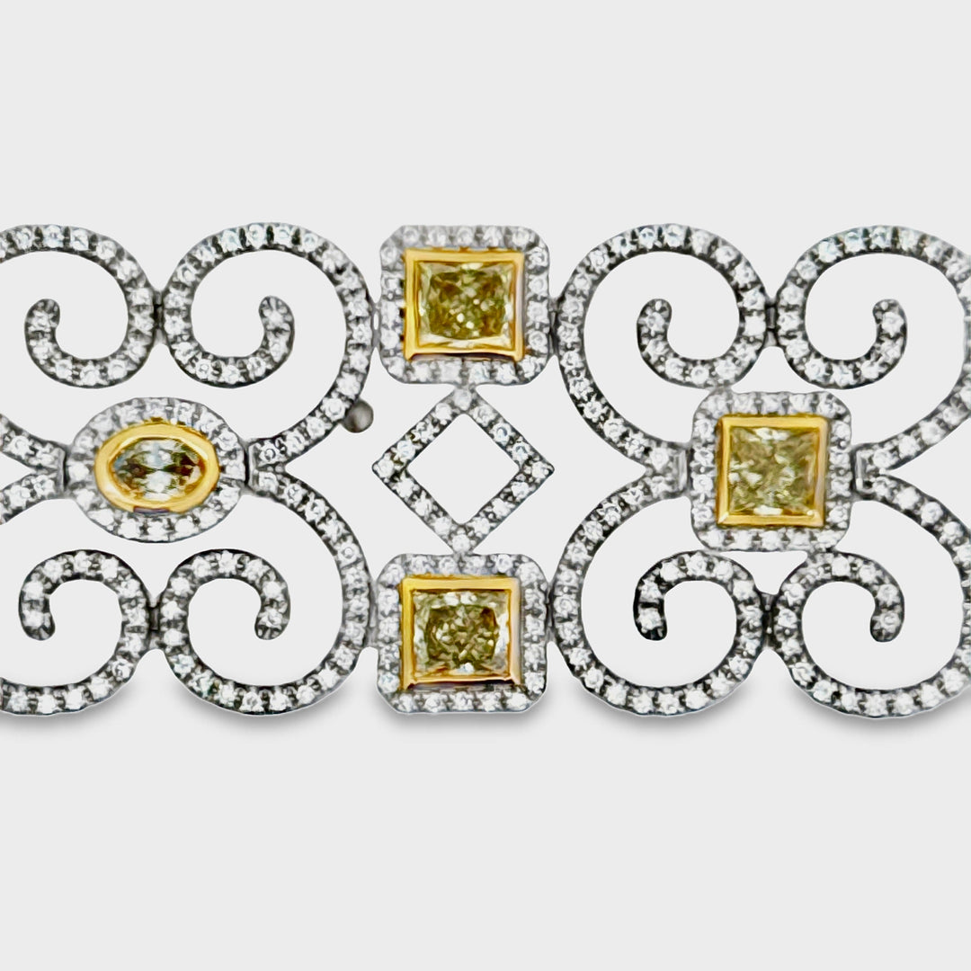 Designer AV 8.80cttw Natural Fancy Yellow and White Diamond 14K Yellow and White Gold Bracelet
