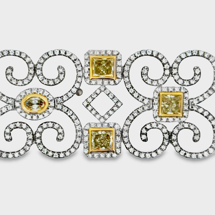 Designer AV 8.80cttw Natural Fancy Yellow and White Diamond 14K Yellow and White Gold Bracelet