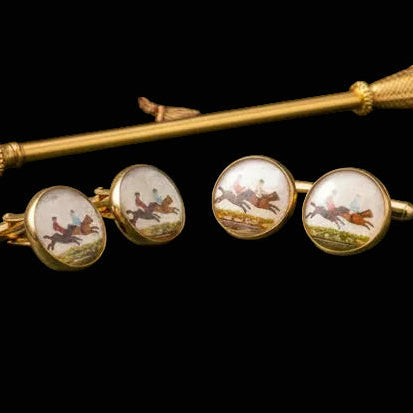 Hand Painted Equestrian 14K Yellow Gold Cuff Links
