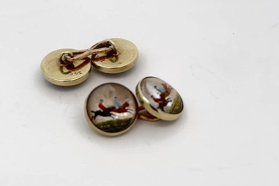 Hand Painted Equestrian 14K Yellow Gold Cuff Links